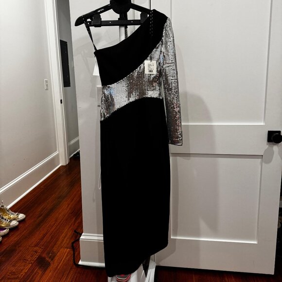 SHO by Tadashi Shoji, Sequin One-Shoulder‎ Black Scuba Dress, Size S, NWT - Picture 2 of 8